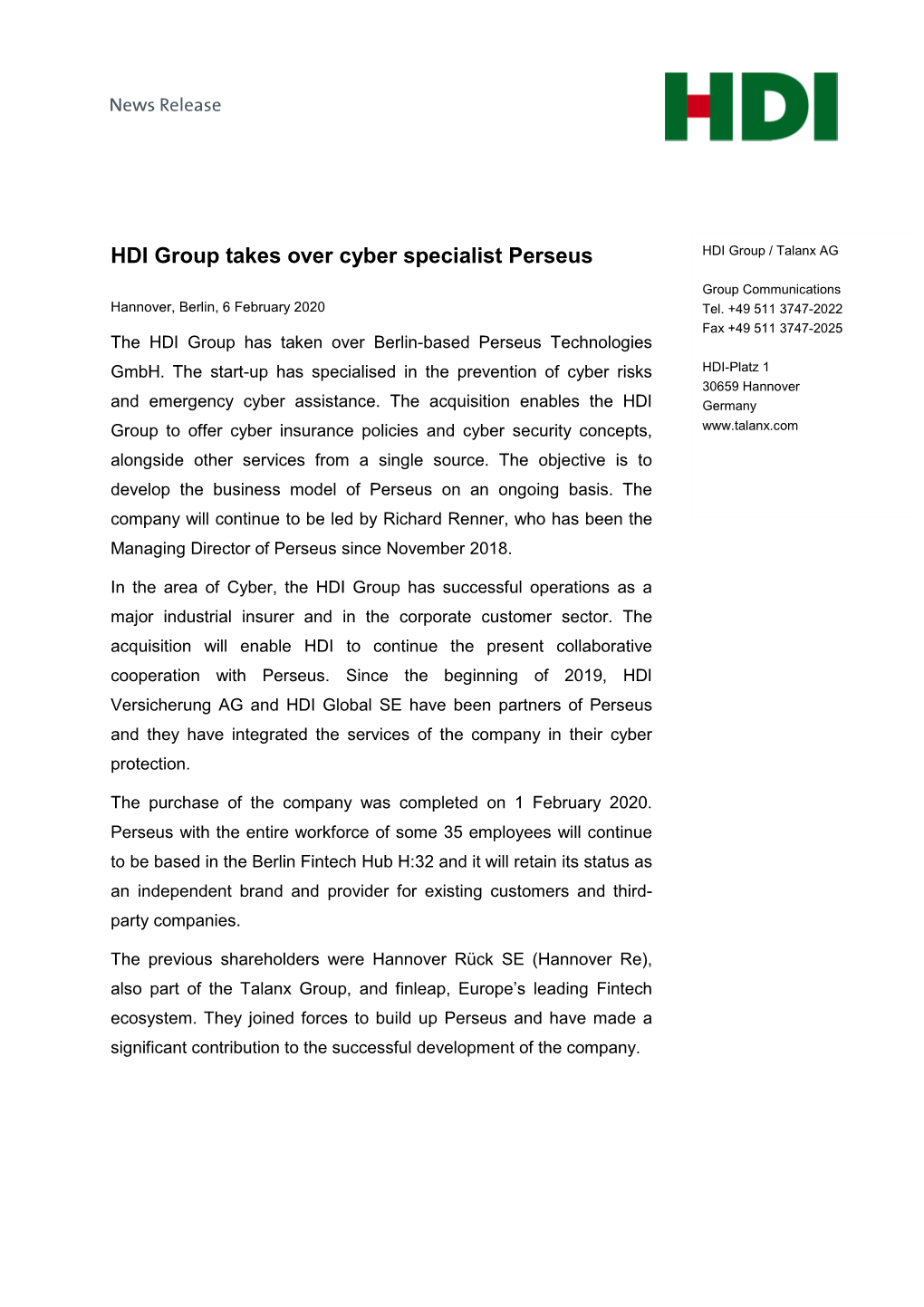 HDI Group Takes Over Cyber Specialist Perseus HDI Group / Talanx AG