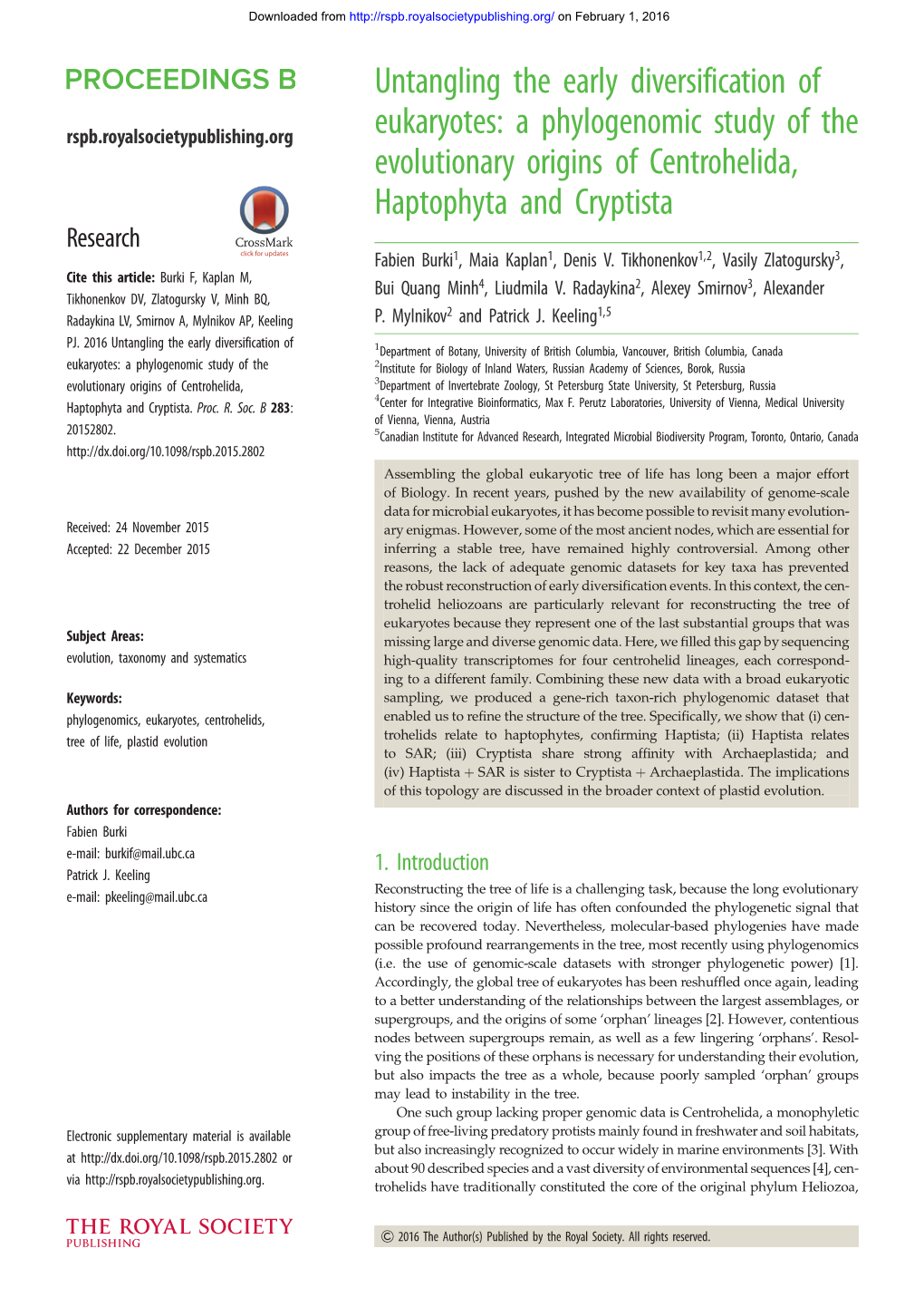 Untangling the Early Diversification of Eukaryotes: a Phylogenomic Study of the Evolutionary Origins of Centrohelida, Haptophyta