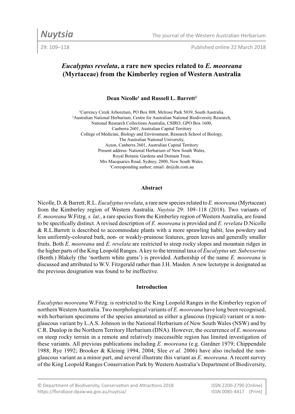 Nuytsia the Journal of the Western Australian Herbarium 29: 109–118 Published Online 22 March 2018