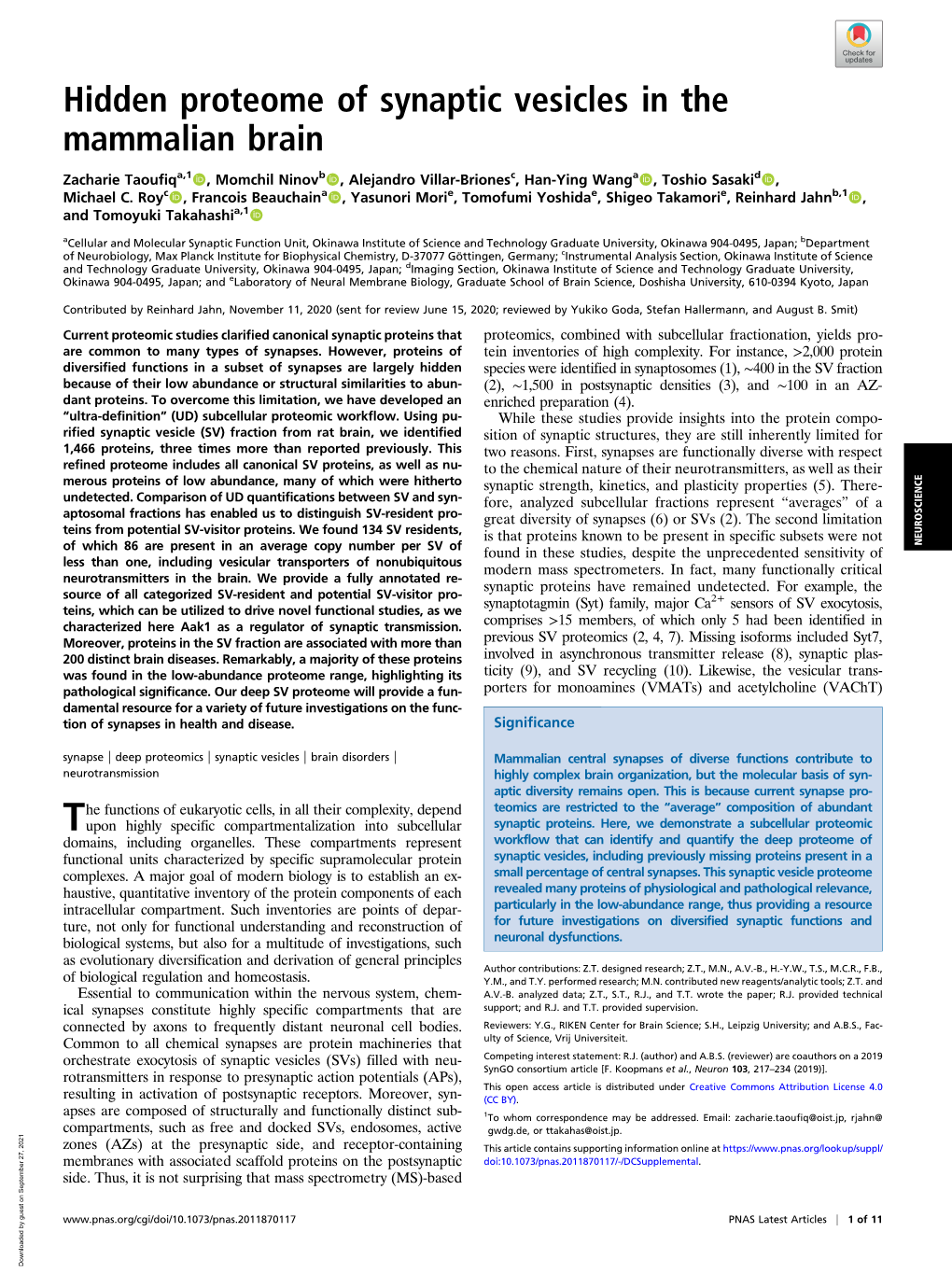 Hidden Proteome of Synaptic Vesicles in the Mammalian Brain