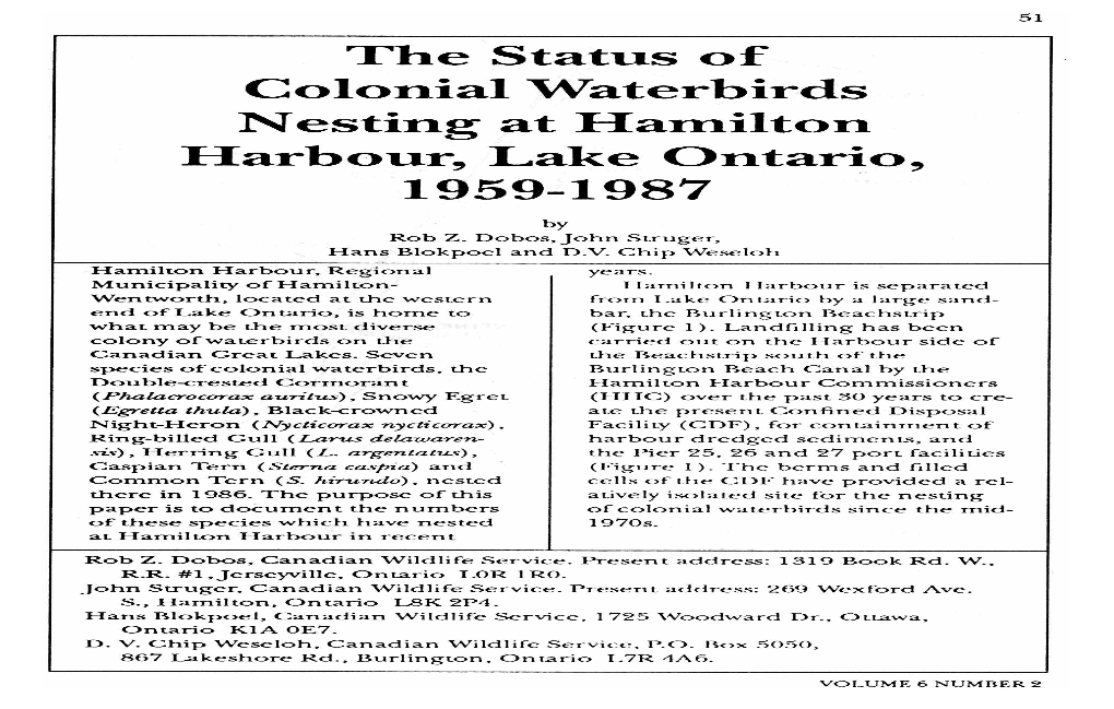 The Status of Colonial Waterbirds Nesting at Hamilton Harbour, Lake Ontario, 1959-1987