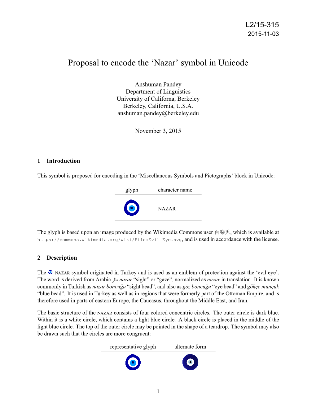 Proposal to Encode the 'Nazar' Symbol in Unicode