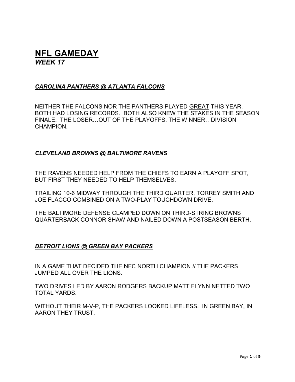 Nfl Gameday Week 17