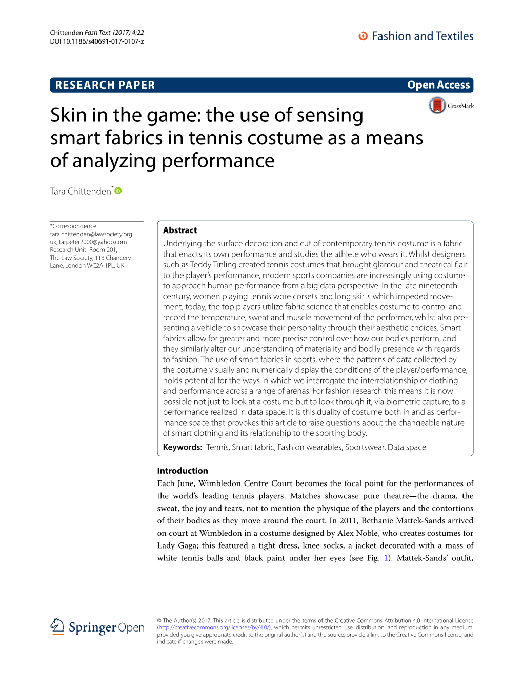 Skin in the Game: the Use of Sensing Smart Fabrics in Tennis Costume As a Means of Analyzing Performance