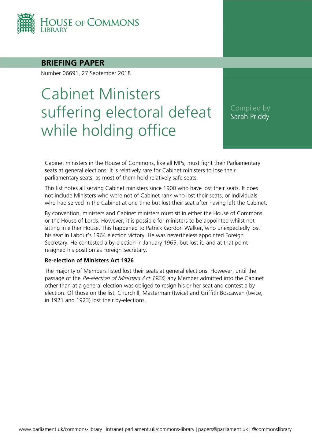 Cabinet Ministers Suffering Electoral Defeat While Holding Office