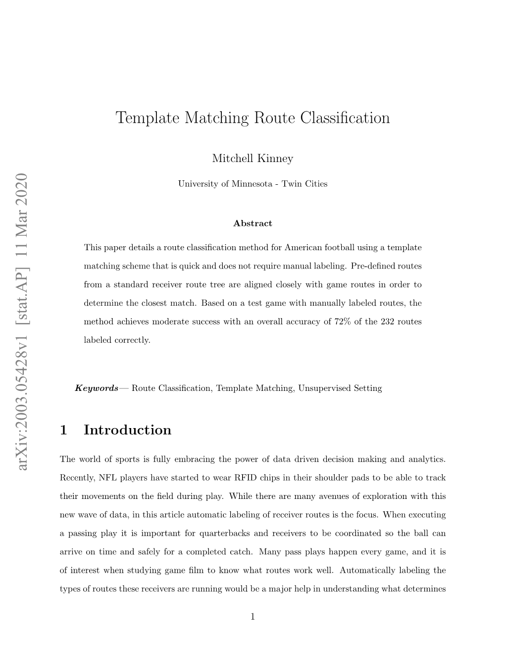 Template Matching Route Classification Arxiv:2003.05428V1