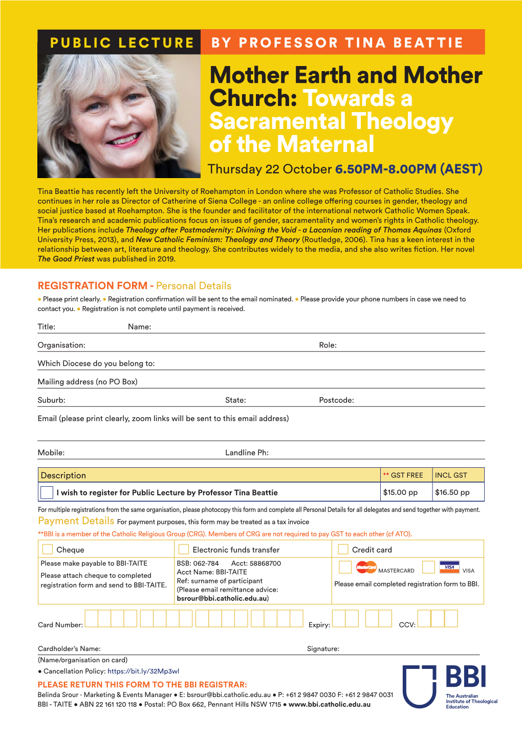 Mother Earth and Mother Church: Towards a Sacramental Theology of the Maternal Thursday 22 October 6.50PM-8.00PM (AEST)