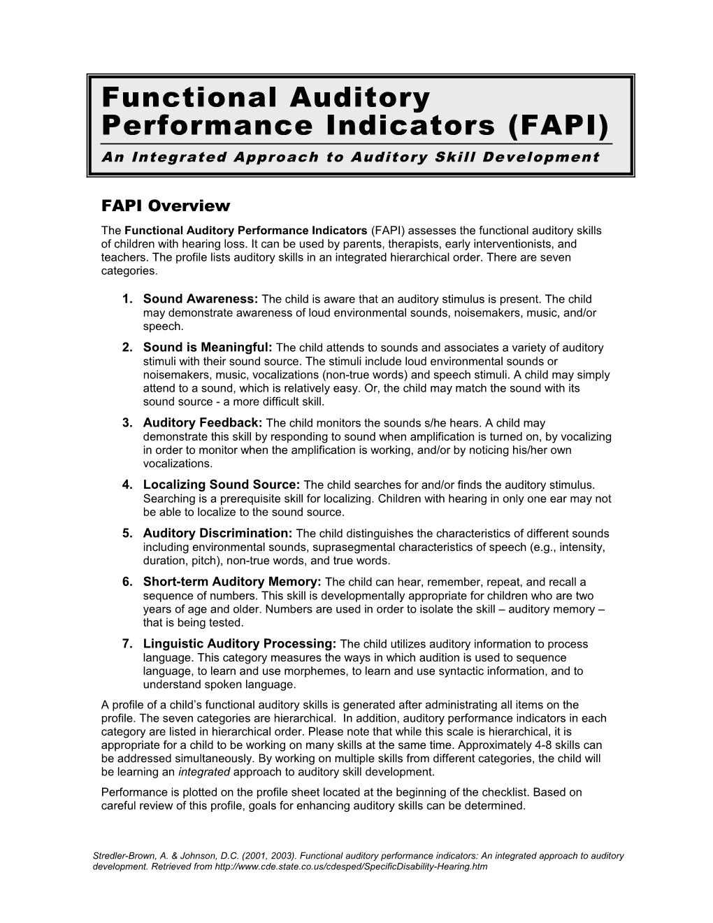 Auditory Development Performance Indicators s1