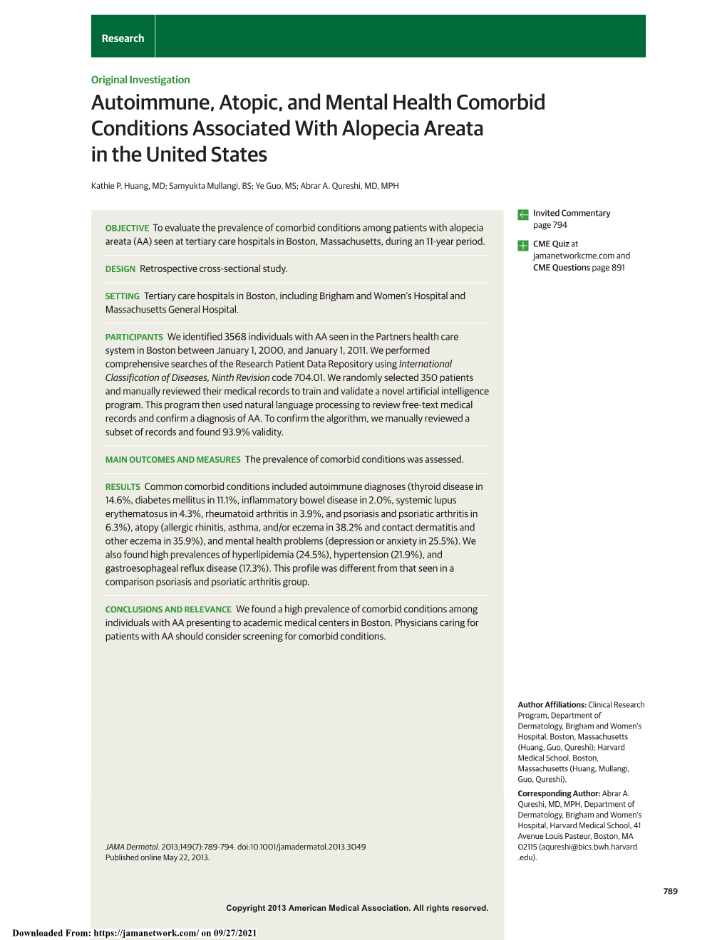 Autoimmune, Atopic, and Mental Health Comorbid Conditions Associated with Alopecia Areata in the United States