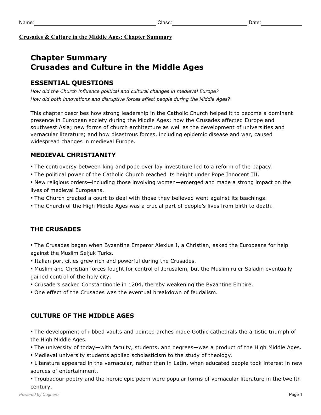 Chapter Summary Crusades and Culture in the Middle Ages