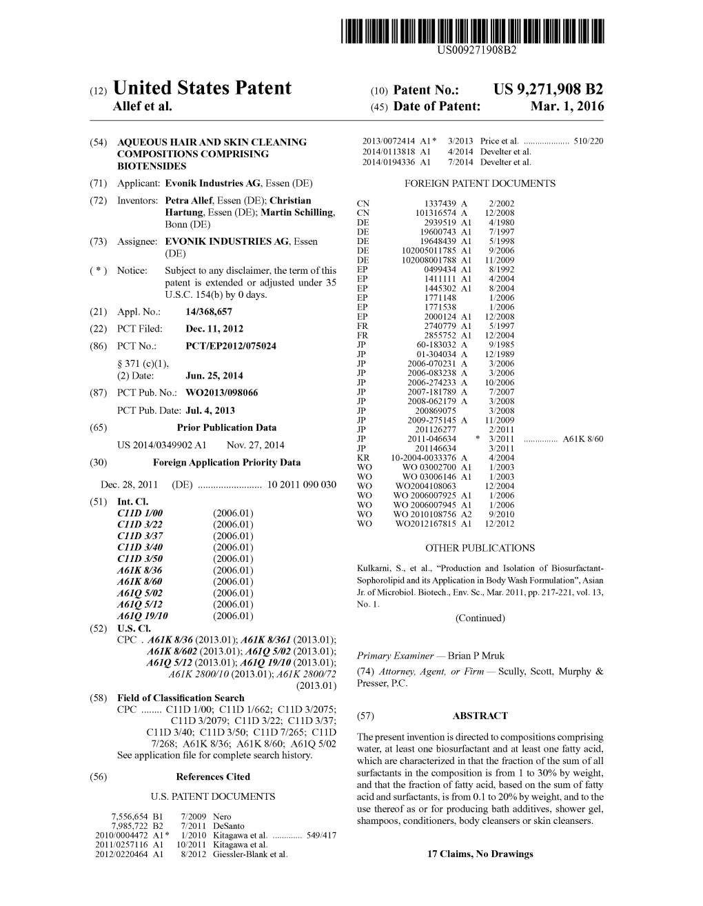 (12) United States Patent (10) Patent No.: US 9.271,908 B2 Allefet Al