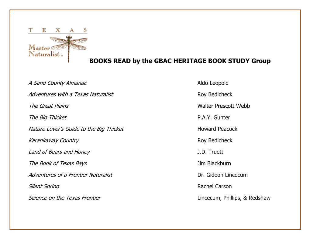 BOOKS READ by the GBAC HERITAGE BOOK STUDY Group