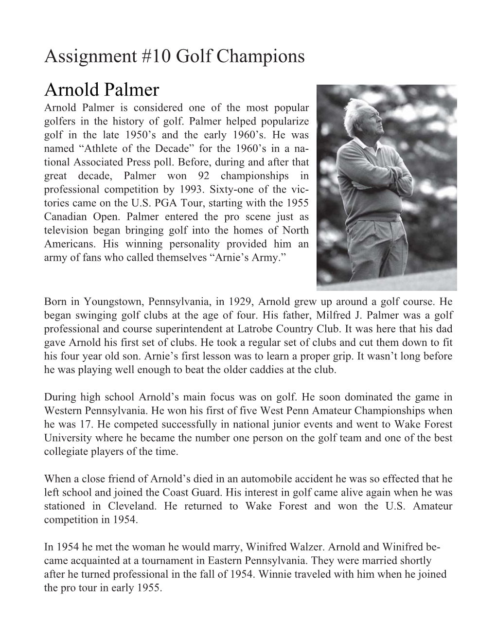 Assignment #10 Golf Champions Arnold Palmer