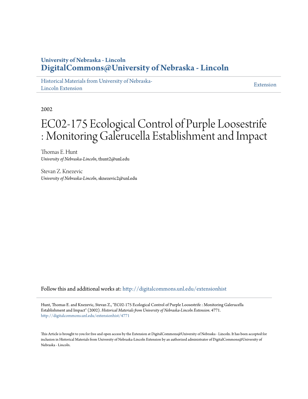 EC02-175 Ecological Control of Purple Loosestrife: Monitoring Galerucella Establishment and Impact