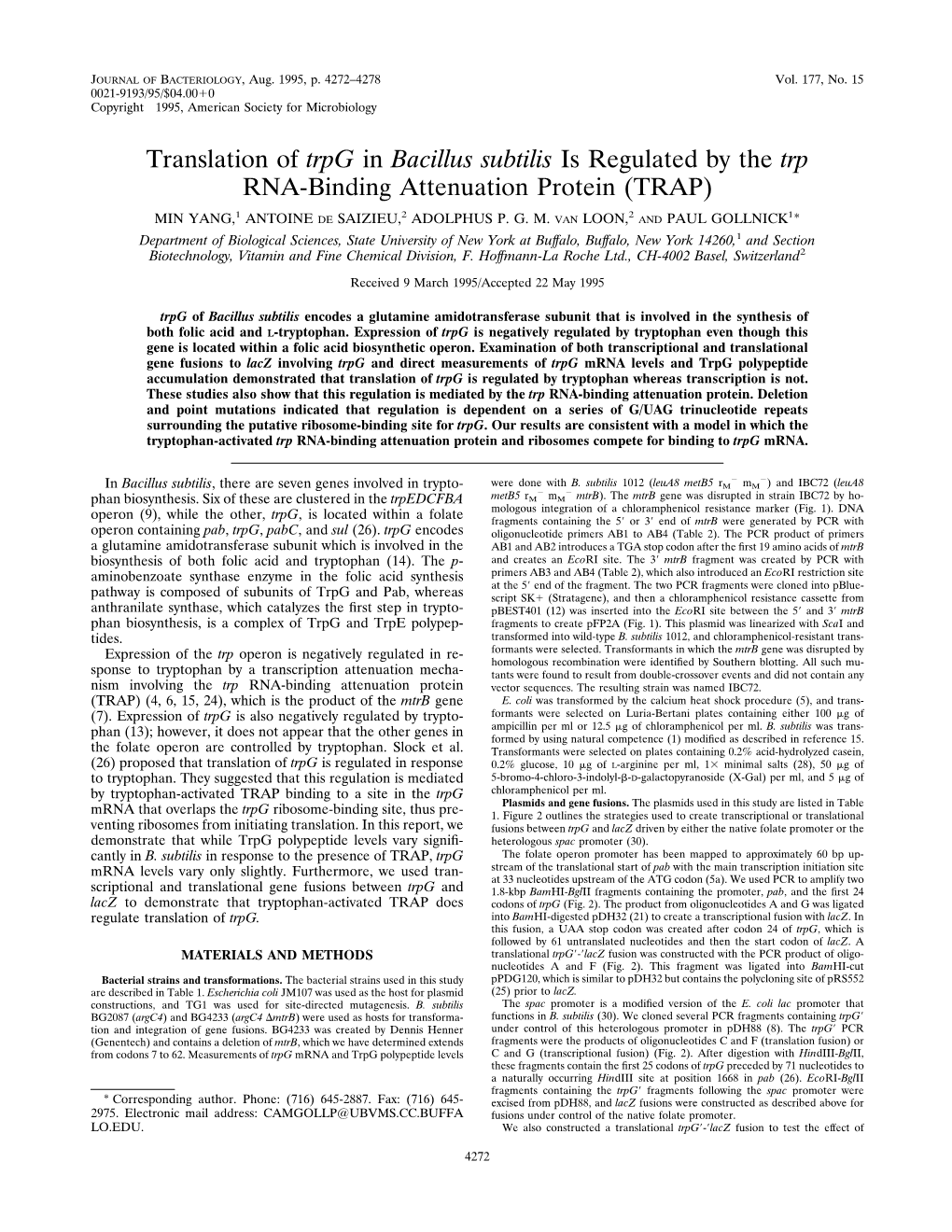 Translation of Trpg in Bacillus Subtilis Is Regulated by the Trp RNA-Binding Attenuation Protein (TRAP)