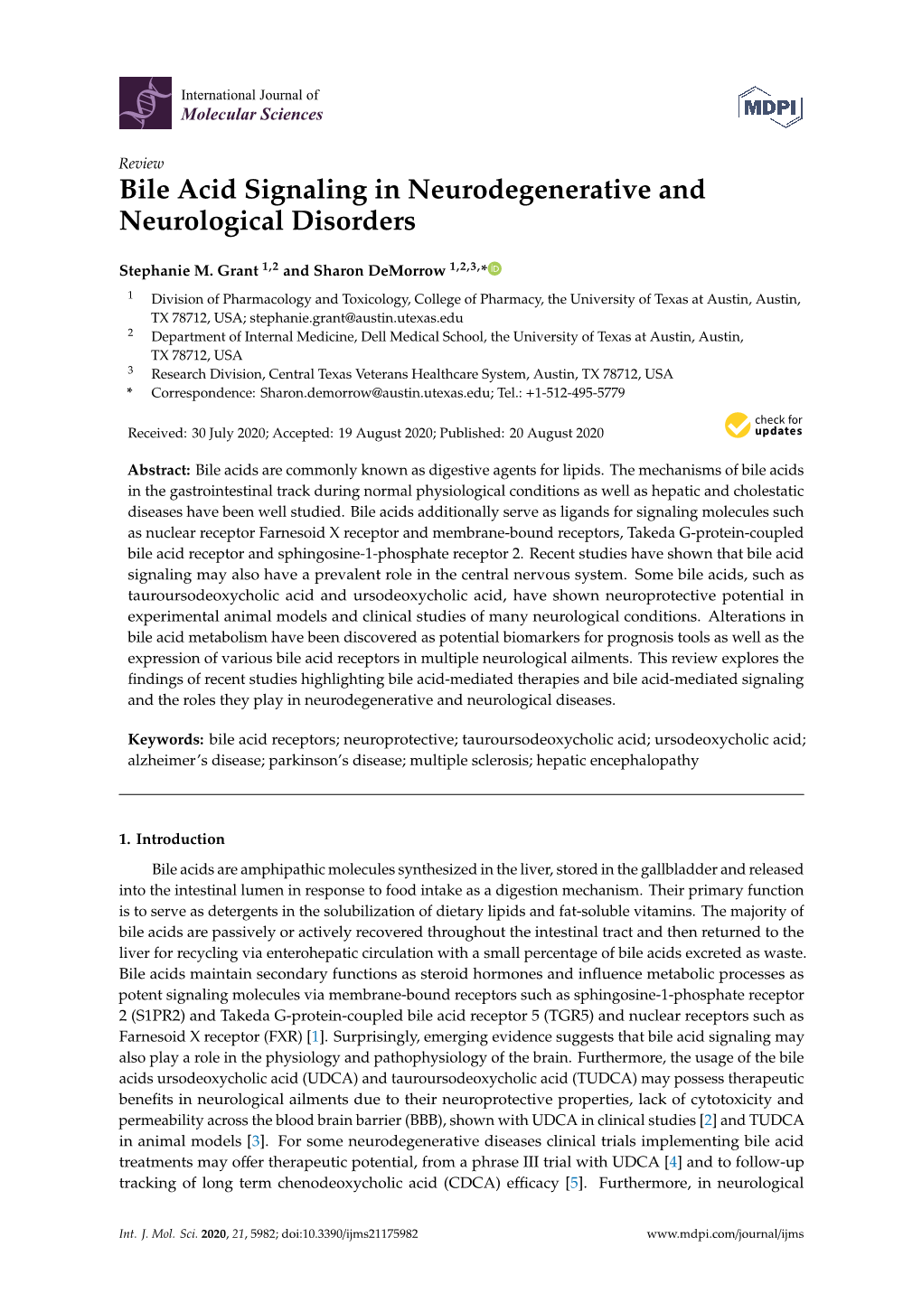 Bile Acid Signaling in Neurodegenerative and Neurological Disorders