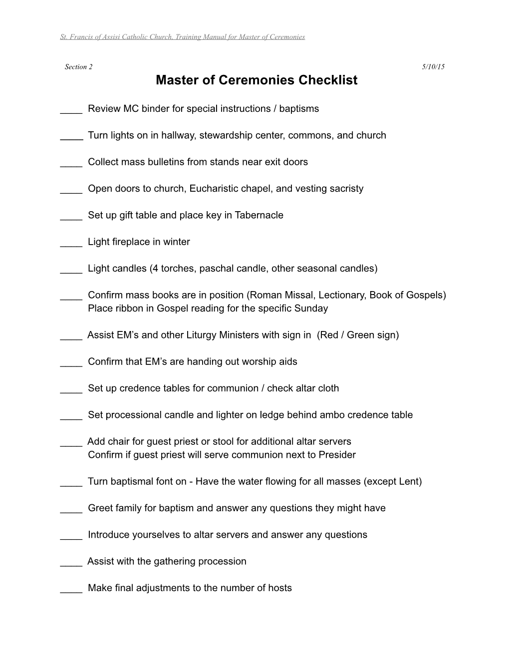 Master of Ceremonies Checklist