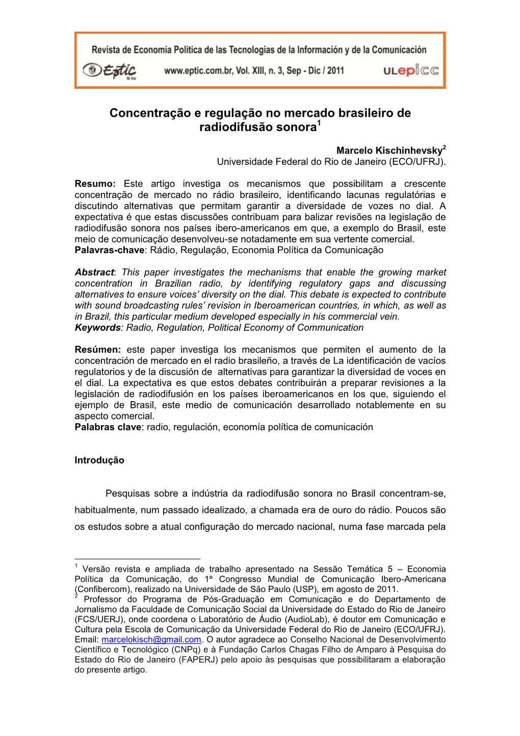 Concentração E Regulação No Mercado Brasileiro De Radiodifusão Sonora