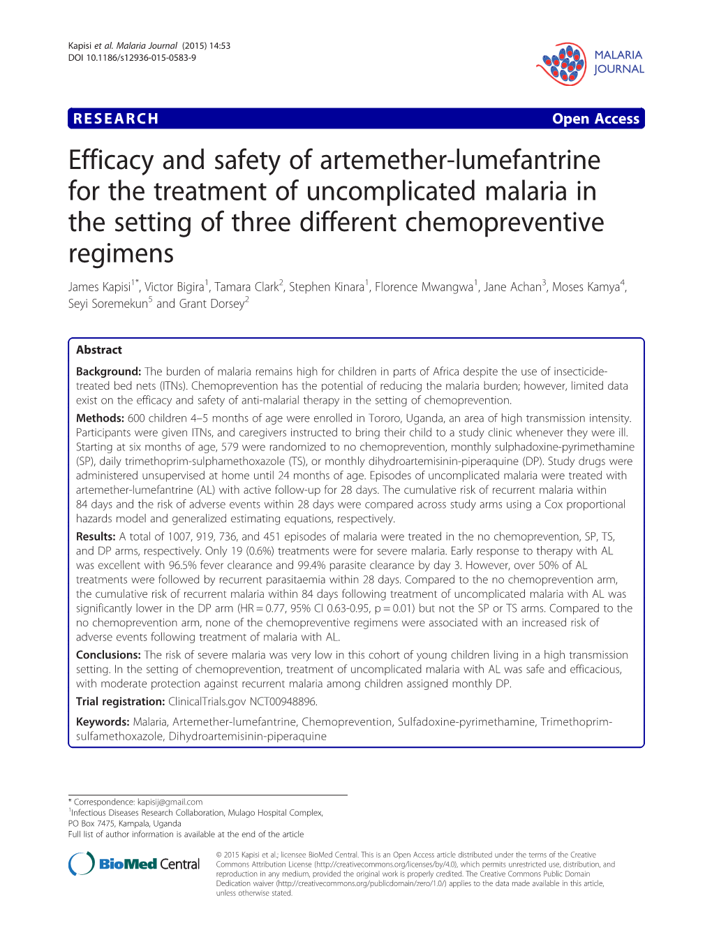 Efficacy and Safety of Artemether-Lumefantrine for The