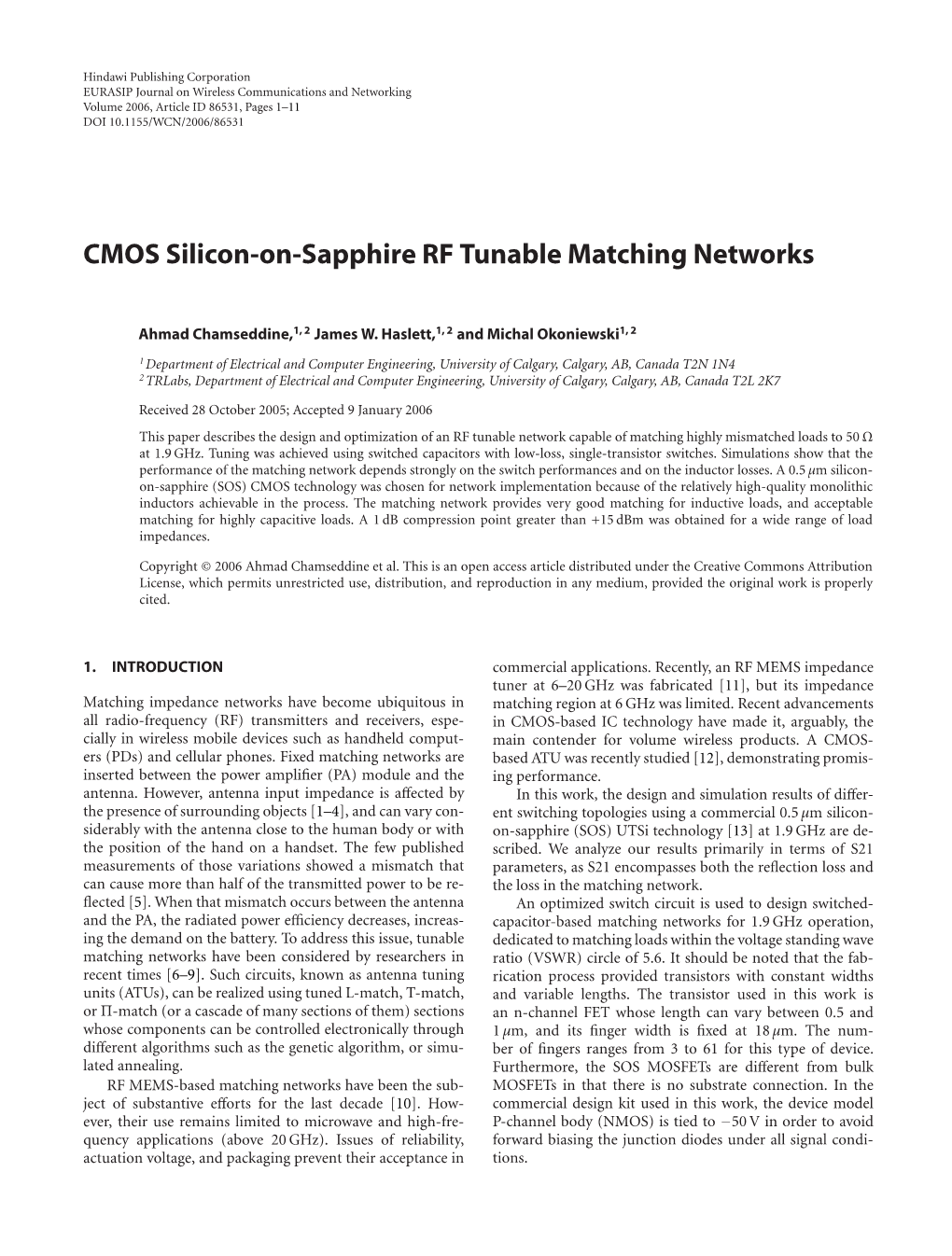 CMOS Silicon-On-Sapphire RF Tunable Matching Networks