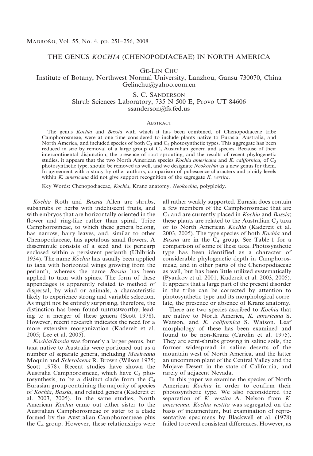 The Genus Kochia (Chenopodiaceae) in North America