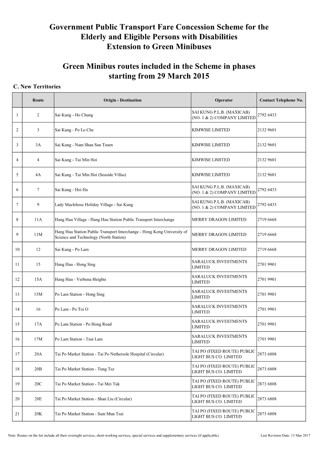 Route List of the Scheme (With Operators Info and Hotline) (EN