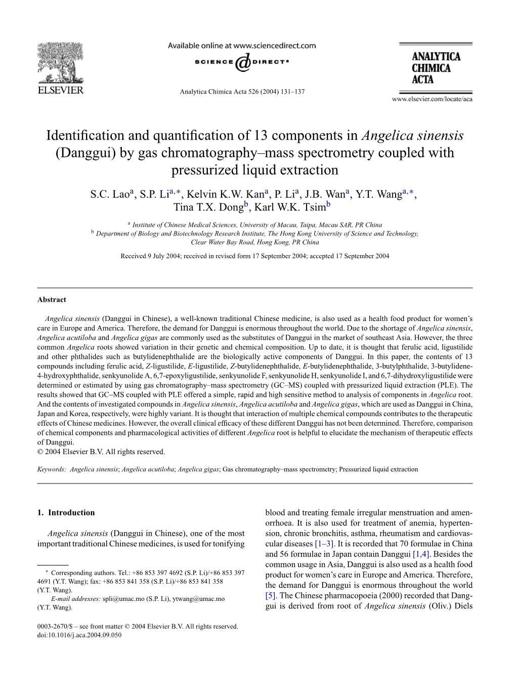 Identification and Quantification of 13 Components in Angelica Sinensis