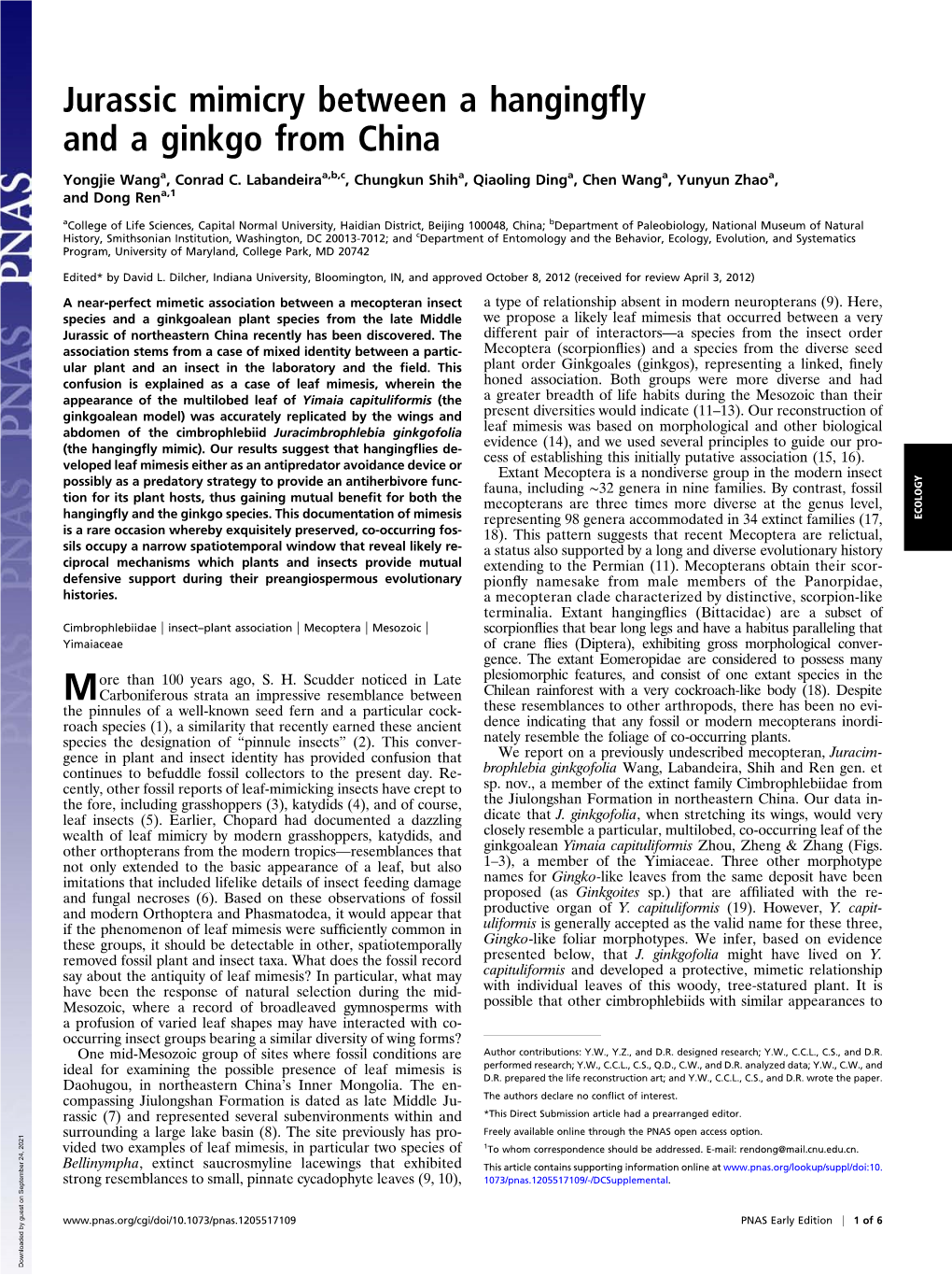 Jurassic Mimicry Between a Hangingfly and a Ginkgo from China