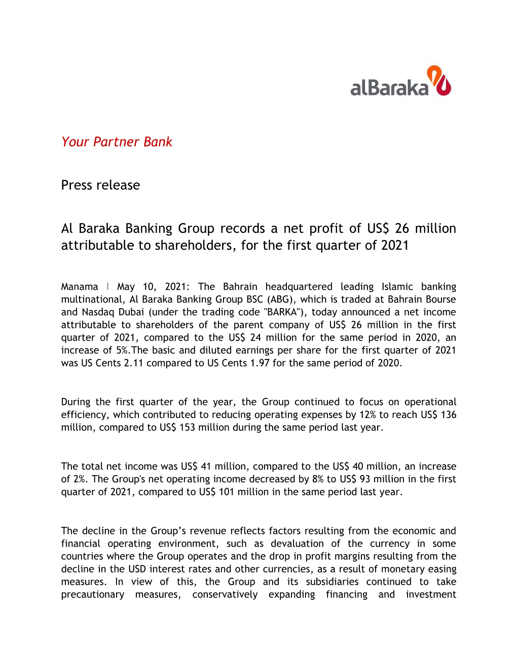 Your Partner Bank Press Release Al Baraka Banking Group Records A