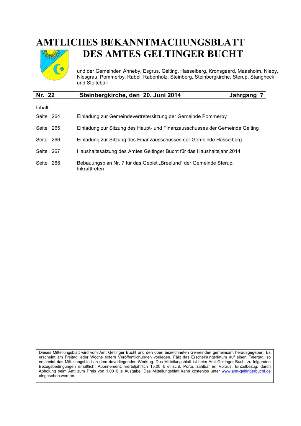 Amtliches Bekanntmachungsblatt Des Amtes Geltinger Bucht Nr. 22