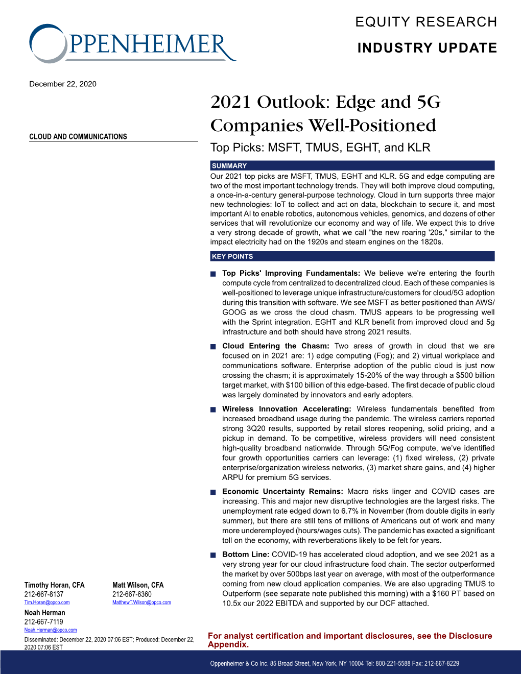 Research Oppenheimer 2021 Outlook: Edge and 5G Companies Well