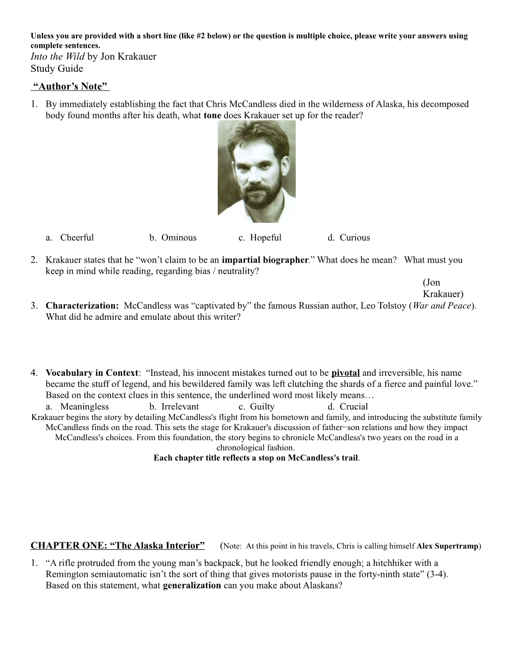 Into the Wild by Jon Krakauer Study Guide “Author's Note”