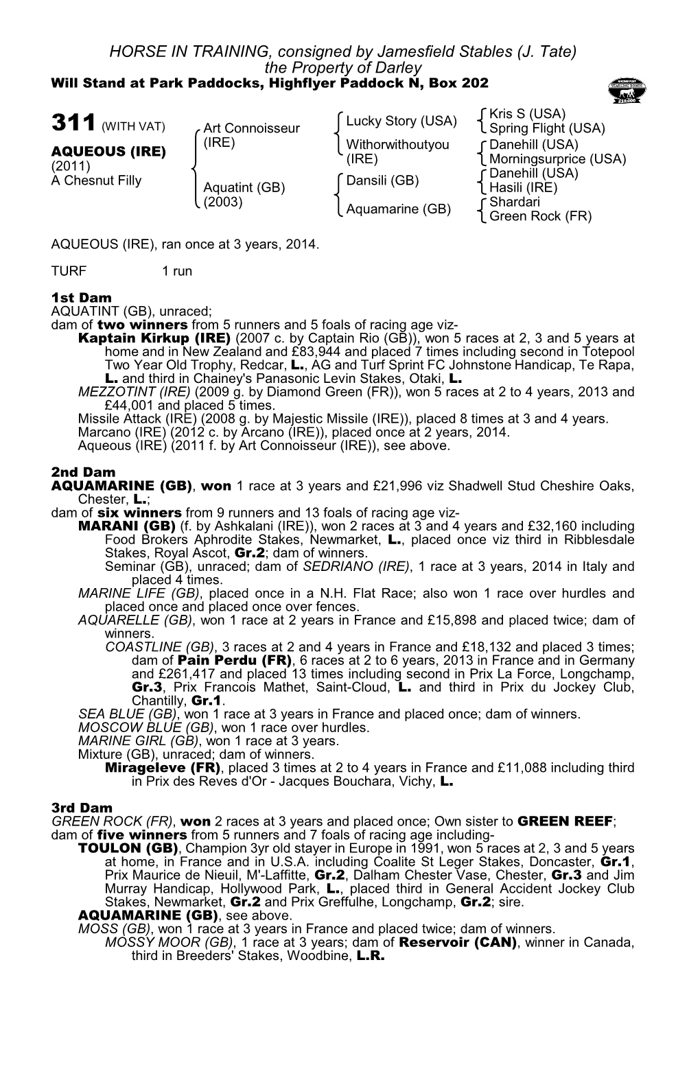 HORSE in TRAINING, Consigned by Jamesfield Stables (J. Tate) the Property of Darley Will Stand at Park Paddocks, Highflyer Paddock N, Box 202