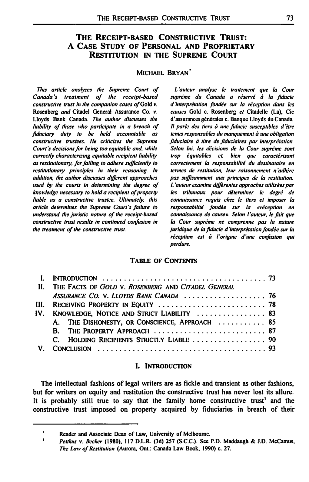 The Receipt-Based Constructive Trust: a Case Study of Personal and Proprietary Restitution in the Supreme Court