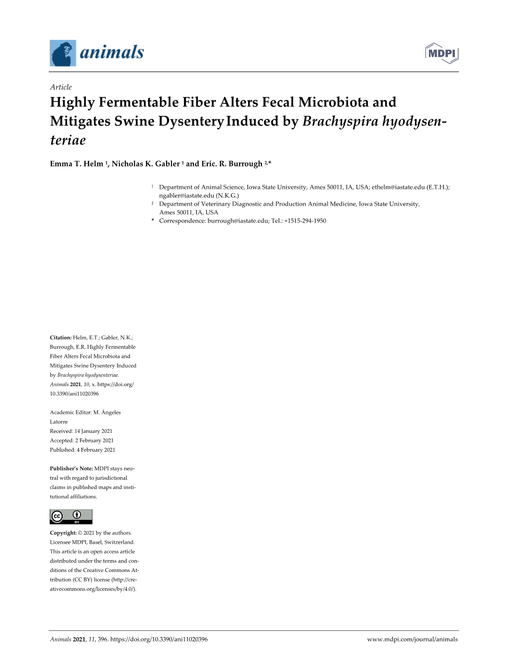 Highly Fermentable Fiber Alters Fecal Microbiota and Mitigates Swine Dysentery Induced by Brachyspira Hyodysenteriae
