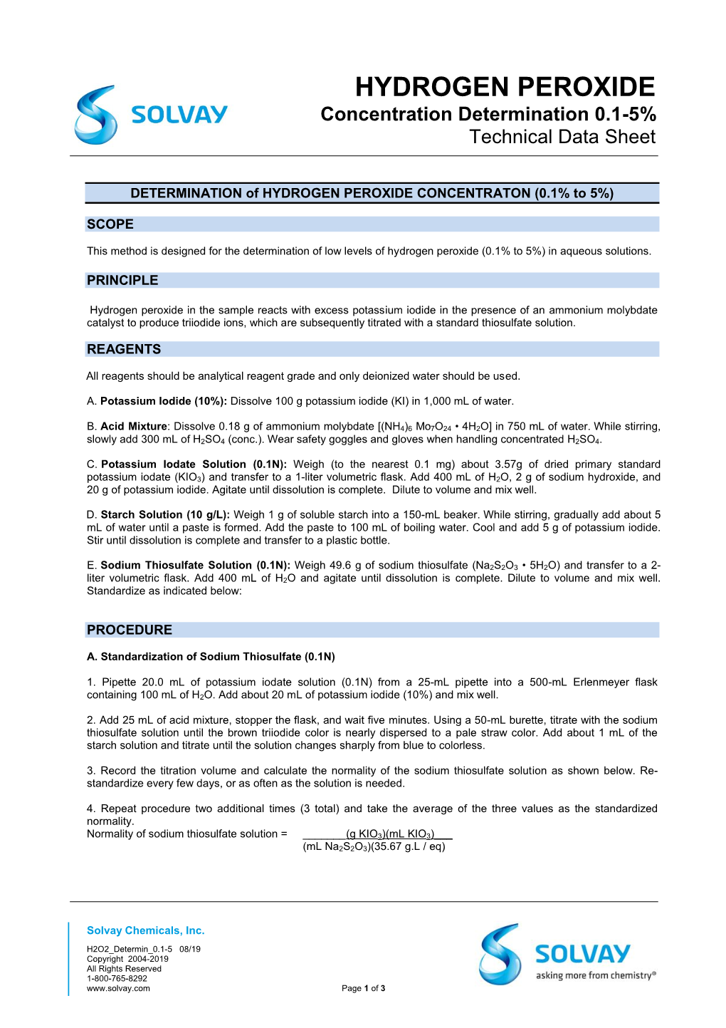 HYDROGEN PEROXIDE Concentration Determination 0.1-5% Technical Data Sheet