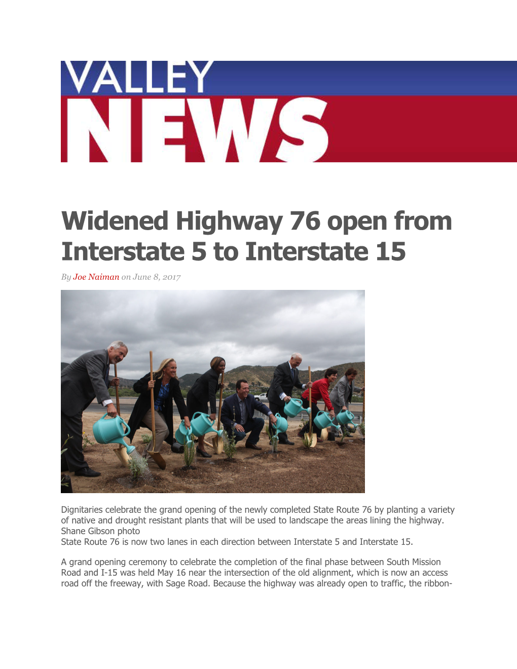 Widened Highway 76 Open from Interstate 5 to Interstate 15