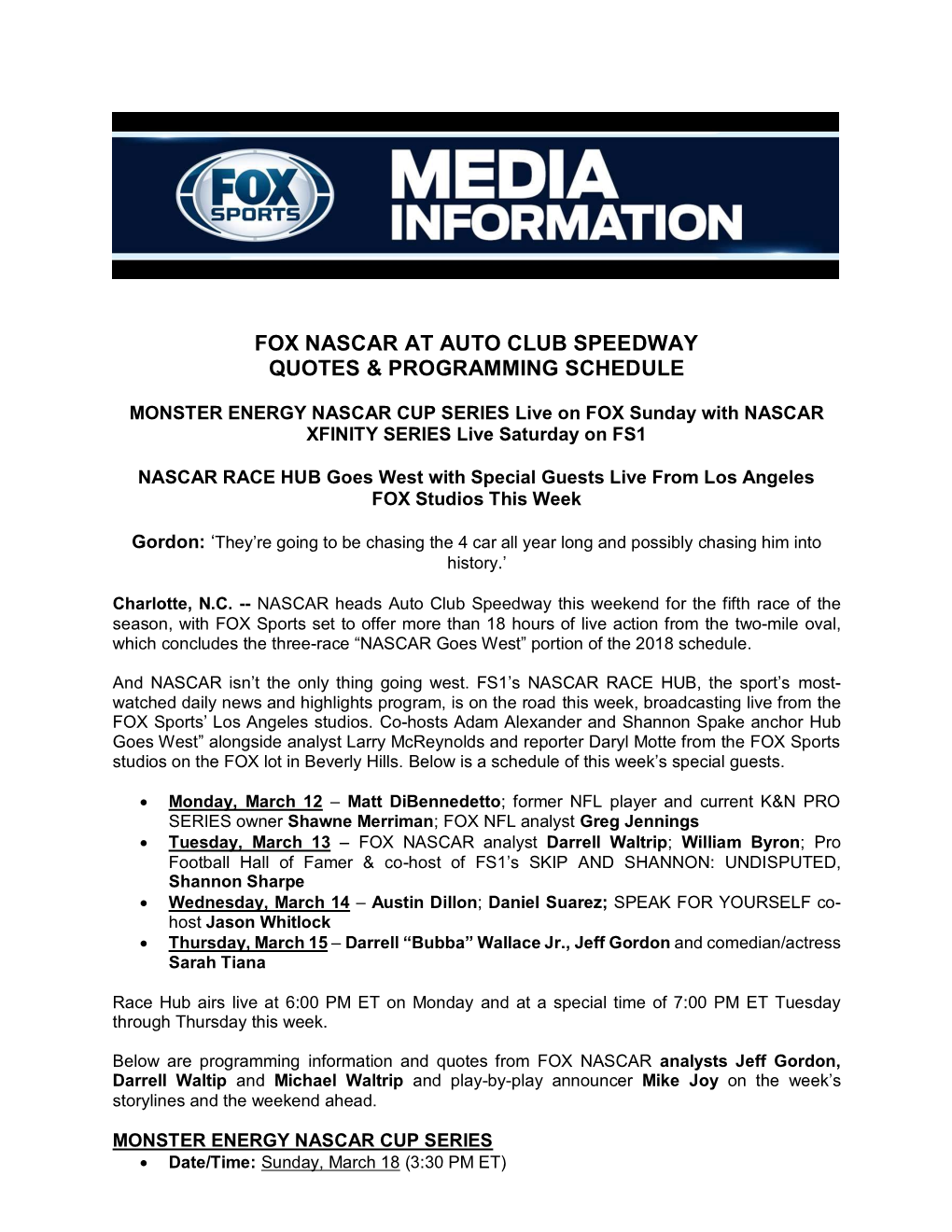 Fox Nascar at Auto Club Speedway Quotes & Programming Schedule