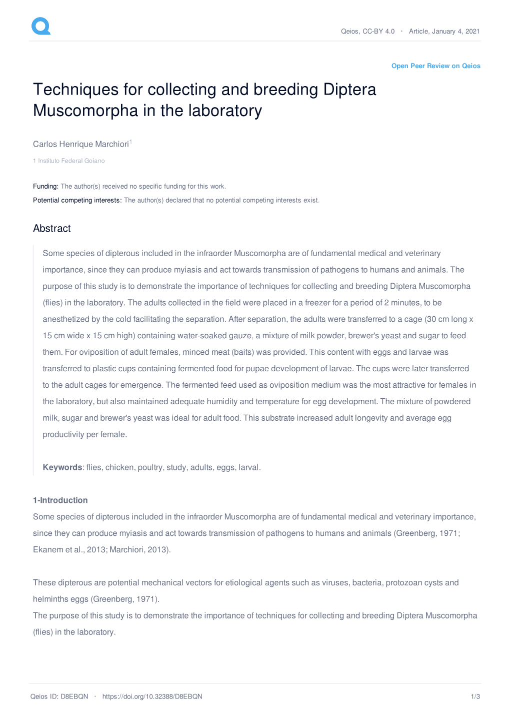 Techniques for Collecting and Breeding Diptera Muscomorpha in the Laboratory