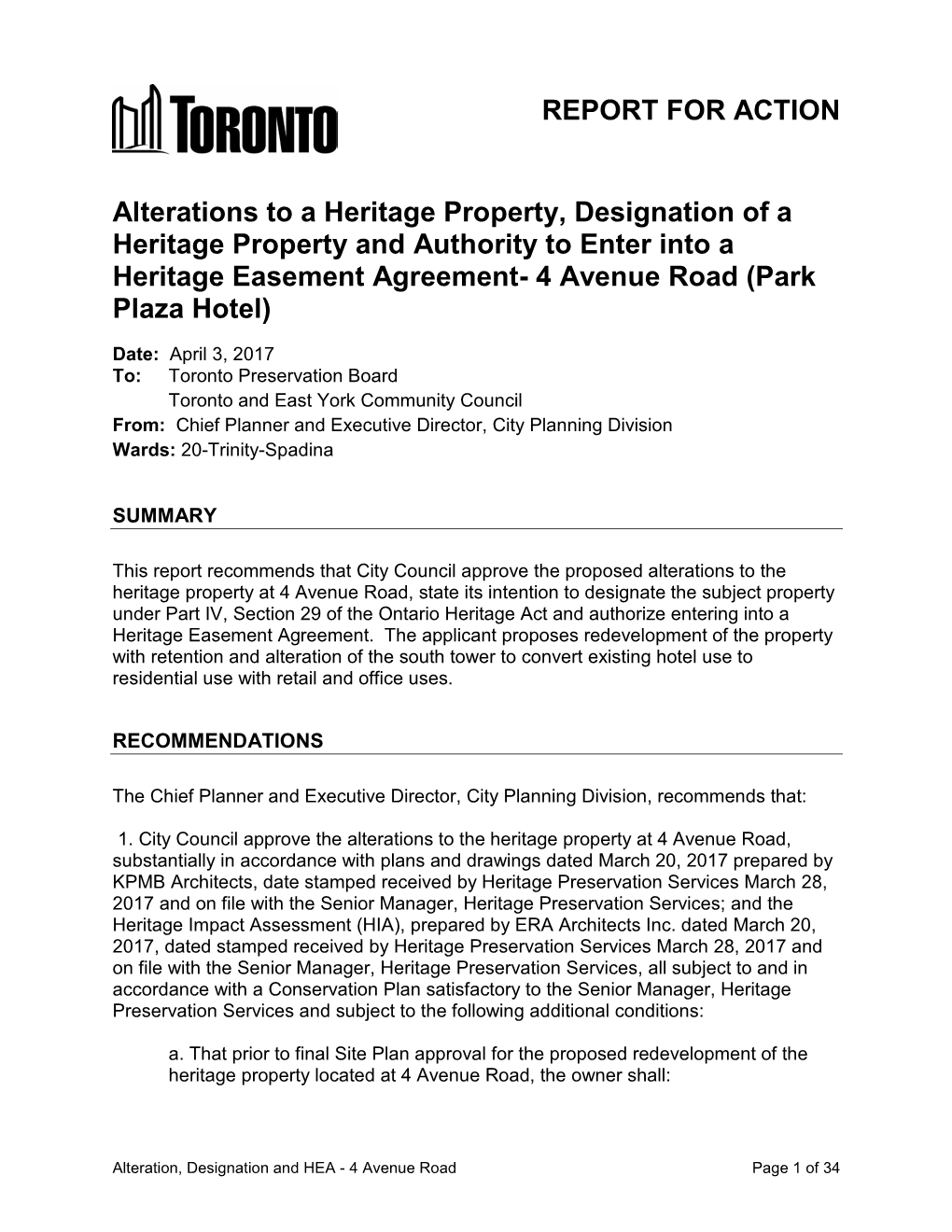 Alterations to a Heritage Property, Designation of a Heritage Property and Authority to Enter Into a Heritage Easement Agreement- 4 Avenue Road (Park Plaza Hotel)