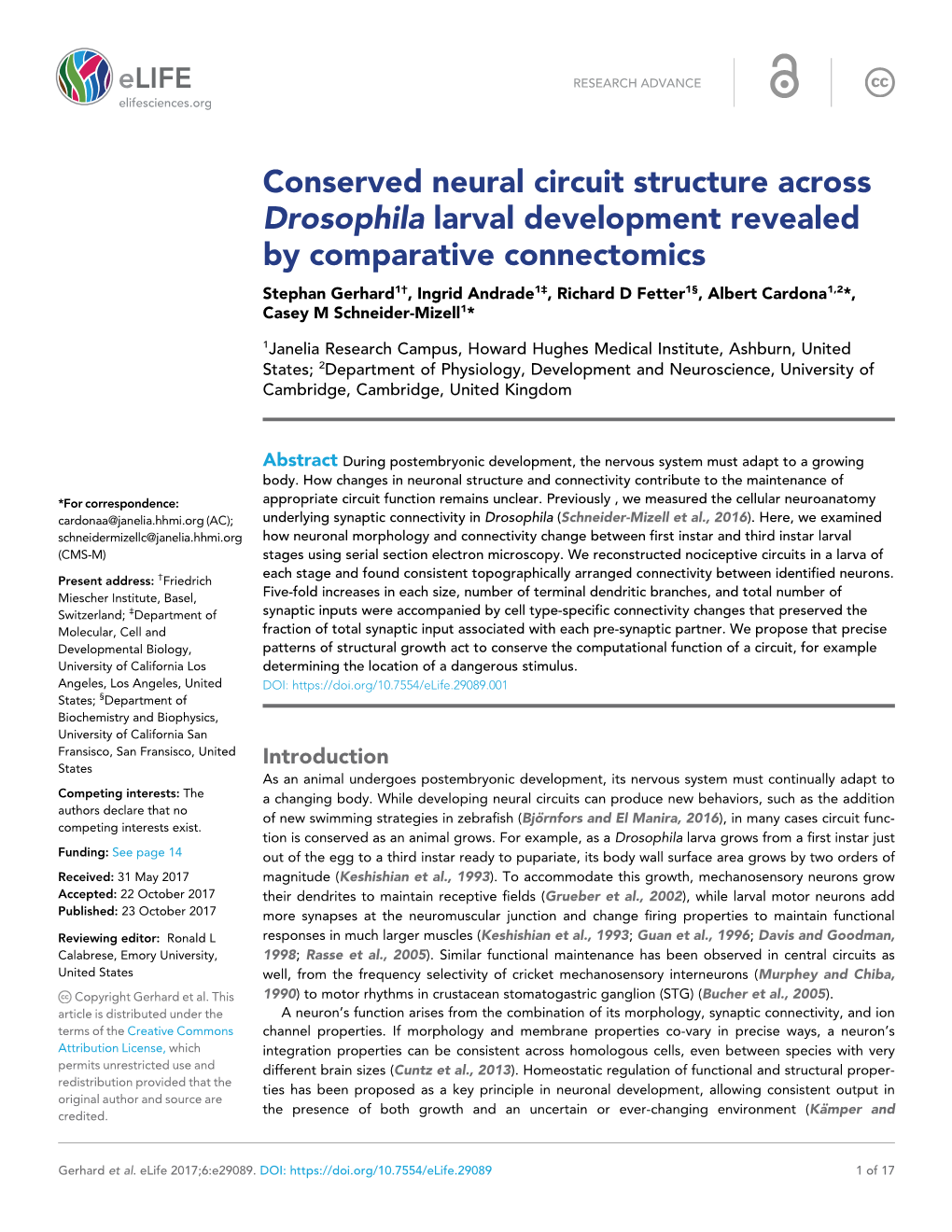 Conserved Neural Circuit Structure Across Drosophila Larval Development Revealed by Comparative Connectomics