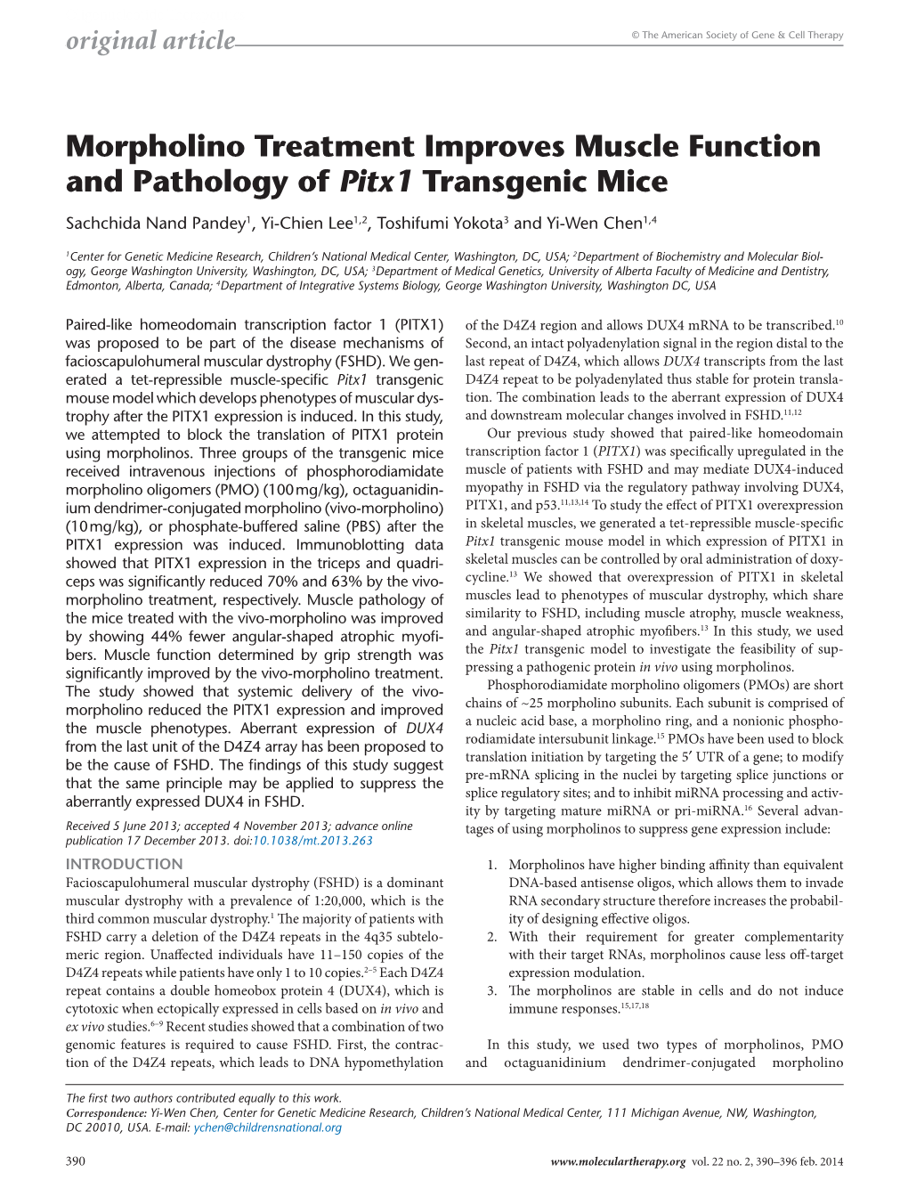 Morpholino Treatment Improves Muscle Function and Pathology of Pitx1 Transgenic Mice
