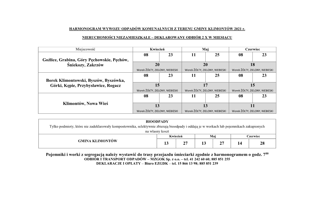 Pojemniki I Worki Z Segregacją Należy Wystawić Do Trasy Przejazdu Śmieciarki Zgodnie Z Harmonogramem O Godz