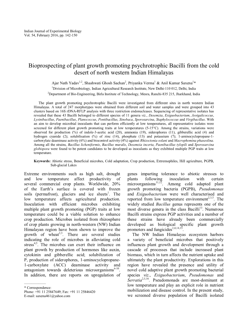 Bioprospecting of Plant Growth Promoting Psychrotrophic Bacilli from the Cold Desert of North Western Indian Himalayas