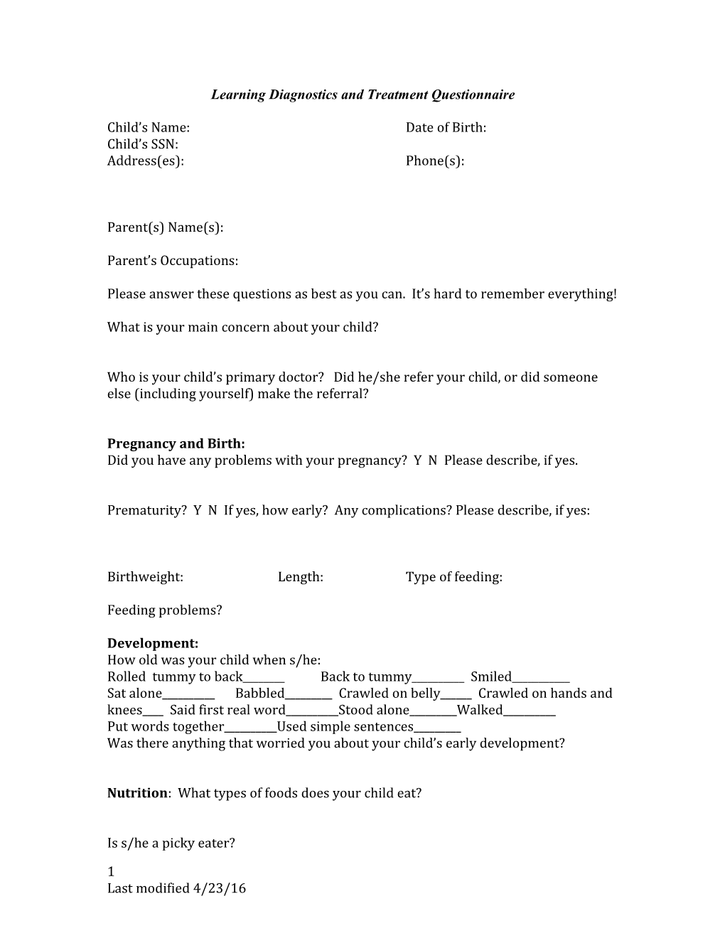 Learning Diagnostics and Treatment Questionnaire