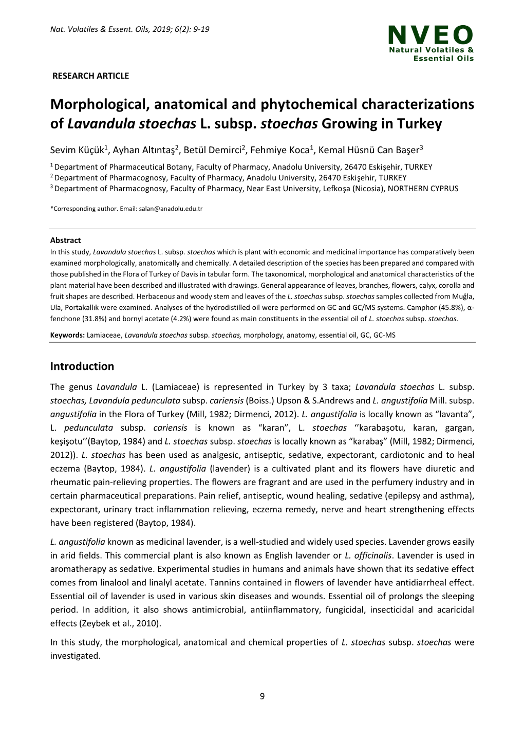 Morphological, Anatomical and Phytochemical Characterizations of Lavandula Stoechas L