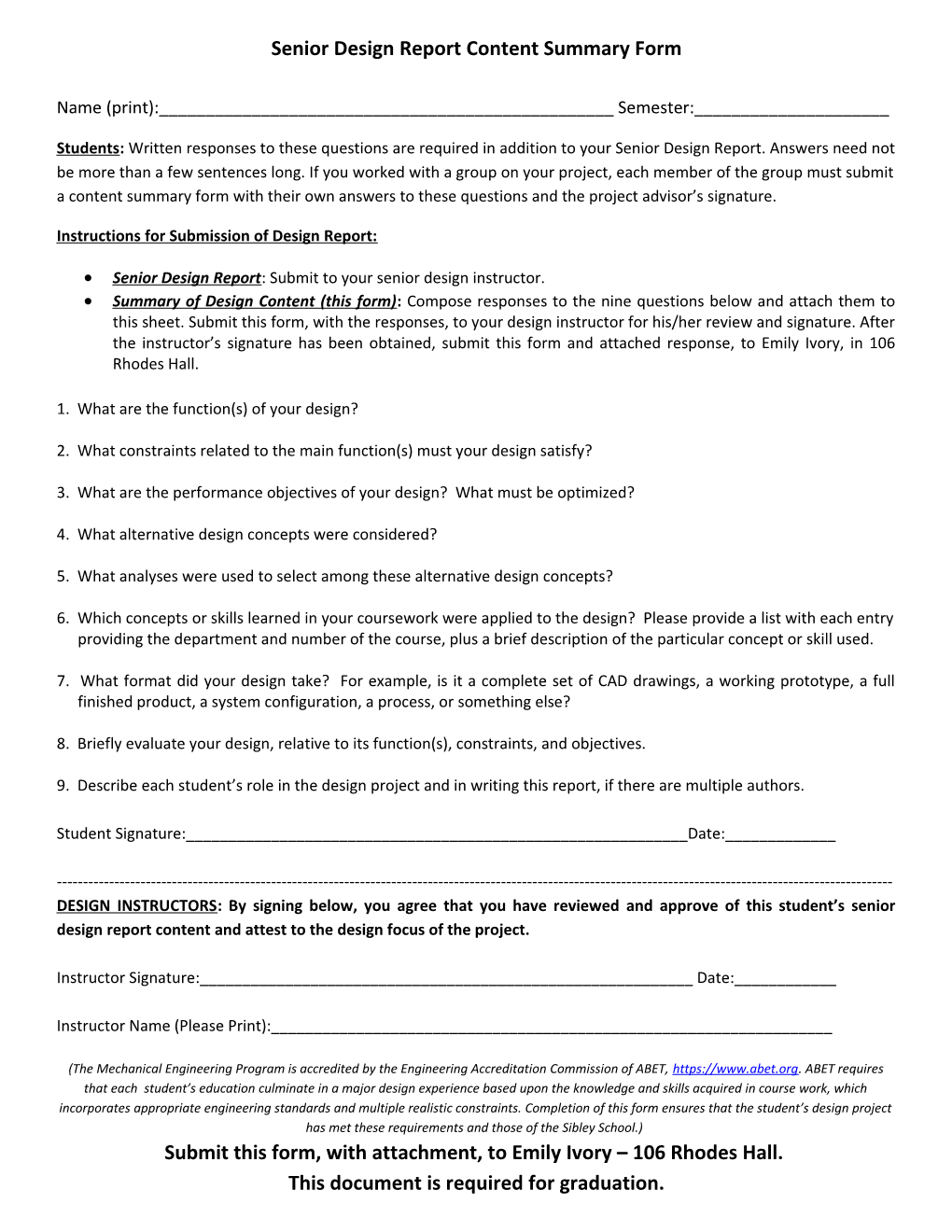 Senior Design Report Content Summary Form