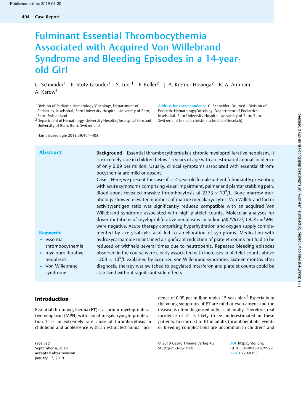 Fulminant Essential Thrombocythemia Associated with Acquired Von Willebrand Syndrome and Bleeding Episodes in a 14-Year- Old Girl