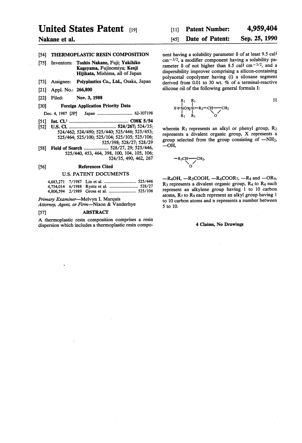 United States Patent (19) 11 Patent Number: 4,959,404 Nakane Et Al