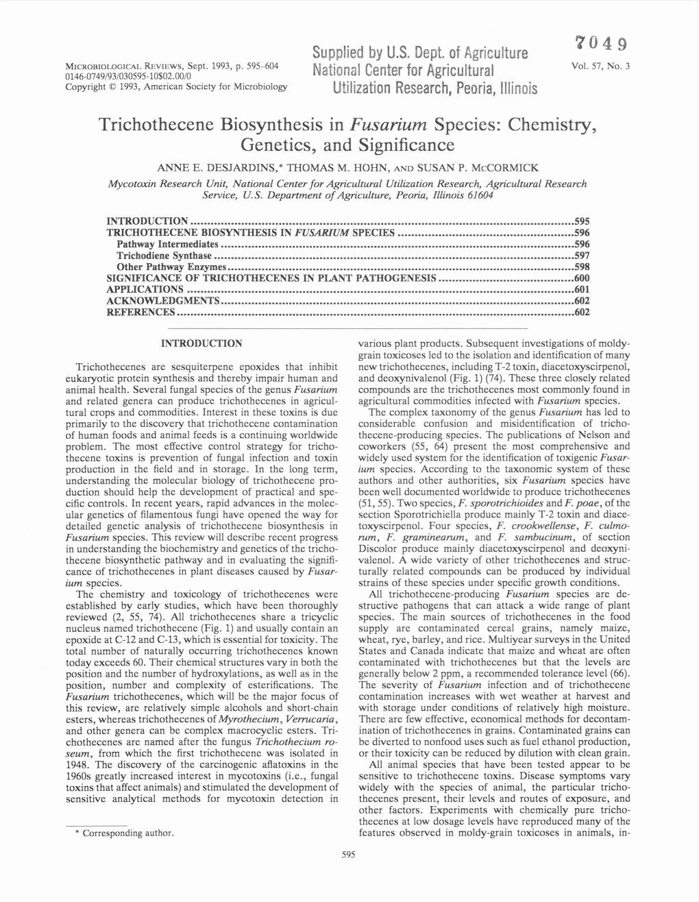 Trichothecene Biosynthesis in Fusarium Species: Chemistry, Genetics, and Significance